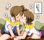 2girls black_shorts blush brown_hair chips closed_eyes controller ear_blush eyebrows_visible_through_hair food french_kiss futami_ami futami_mami game_controller heart highres holding_game_controller idolmaster idolmaster_(classic) incest kiss miiii multiple_girls red_scrunchie saliva scrunchie short_hair short_sleeves shorts siblings side_ponytail sisters spoken_heart tongue tongue_out translation_request twincest twins wrist_scrunchie yuri 