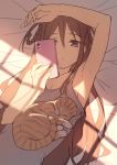  1girl 22/7 animal animal_on_chest arm_up braid breasts brown_eyes brown_hair cat cellphone cleavage hair_rings long_hair lying nagareboshi on_back on_bed phone shirt sleeveless sleeveless_shirt small_breasts smartphone solo sunlight tachikawa_ayaka very_long_hair 