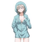  1girl blue_eyes blush breasts cleavage closed_mouth collarbone eila_ilmatar_juutilainen eyebrows_visible_through_hair feet_out_of_frame hand_in_pocket head_tilt hiro_yoshinaka hood hoodie large_breasts long_hair looking_at_viewer naked_hoodie no_bra shiny shiny_hair shiny_skin simple_background smile solo standing strike_witches white_background white_hair world_witches_series zipper 