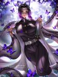  1girl bangs belt black_hair breasts bug butterfly butterfly_hair_ornament dutch_angle hair_ornament haori highres insect japanese_clothes katana kimetsu_no_yaiba kochou_shinobu large_breasts liang_xing lips long_sleeves looking_at_viewer multicolored_hair parted_bangs purple_butterfly purple_eyes purple_hair short_hair signature smile solo sword two-tone_hair watermark weapon web_address white_belt 