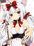  alternate_costume animal_ears azur_lane blurry blurry_background bow breasts cat_ears cleavage commentary_request detached_sleeves dress hair_bow hair_ribbon highres looking_at_viewer low_twintails medium_breasts reaching_out red_eyes ribbon tonari_(ichinichime_azuma) twintails white_hair yukikaze_(azur_lane) 