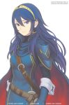  1girl artist_name bangs belt blue_cape blue_dress blue_eyes blue_gloves blue_hair breasts brown_belt cape commentary dress english_commentary fire_emblem fire_emblem_awakening gloves hair_between_eyes long_hair long_sleeves looking_at_viewer lucina_(fire_emblem) marfrey pauldrons sidelocks simple_background small_breasts smile solo tiara upper_body white_background 