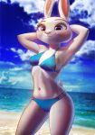  2019 anthro beach bikini breasts clothing cloud detra disney female fur grey_body grey_fur hands_behind_head hi_res judy_hopps lagomorph lens_flare leporid looking_at_viewer mammal navel outside pink_nose pinup pose purple_eyes rabbit sand sea seaside sky smile solo swimwear water zootopia 