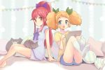  2girls :o aikatsu! aikatsu!_(series) arm_support bare_legs barefoot bed bedroom blonde_hair blouse blue_eyes blue_shorts bow brown_eyes cat cat_on_lap closed_mouth commentary feet_up green_bow hair_bow indoors ipad long_hair looking_at_another looking_at_viewer multiple_girls on_bed open_mouth otoshiro_seira pillow ponytail purple_blouse purple_bow purple_shorts quro_(black_river) red_hair saegusa_kii shirt shorts sideways_glance sitting sitting_on_bed smile socks star stuffed_animal stuffed_toy t-shirt tablet_pc twintails white_legwear wrapped_candy yellow_shirt 