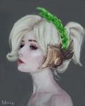  1girl artist_name blonde_hair blue_eyes character_name close-up collarbone eyebrows eyelashes eyeliner eyeshadow face freckles grey_background hair_up head_wreath headpiece highres laurel_crown lips makeup mercy_(overwatch) nier_mira nose overwatch painting pale_skin parted_lips ponytail portrait profile realistic red_lips short_hair short_ponytail signature simple_background solo upper_teeth winged_victory_mercy 