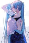  1girl bare_shoulders blue_eyes blue_hair blue_jacket closed_mouth collarbone commentary earrings expressionless from_side hand_in_hair hand_up hatsune_miku highres holding holding_jacket jacket jersey jewelry long_hair shirt shoulder_tattoo solo splatter tattoo twintails twitter_username upper_body very_long_hair vocaloid wanaxtuco white_background white_shirt 