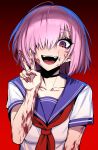  1girl :d bangs blood blood_on_face bloody_hands breasts commentary commentary_request eyebrows_visible_through_hair fate/grand_order fate_(series) hair_over_one_eye highres j.k. looking_at_viewer mash_kyrielight medium_breasts open_mouth purple_eyes purple_hair school_uniform serafuku smile solo teeth tongue v yandere 