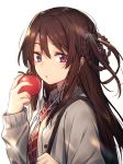  1girl 22/7 brown_hair earbuds earphones food grey_jacket hair_rings holding holding_food jacket long_sleeves looking_at_viewer nagareboshi necktie purple_eyes red_neckwear simple_background solo tachikawa_ayaka upper_body white_background 