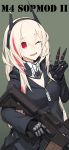  1girl absurdres assault_rifle bangs black_jacket blonde_hair character_name eyebrows_visible_through_hair girls_frontline gun hair_between_eyes hairband headgear highres holding holding_gun holding_weapon jacket long_hair long_sleeves m4_sopmod_ii m4_sopmod_ii_(girls_frontline) mechanical_arm mikoto_(oi_plus) multicolored_hair one_eye_closed open_mouth prosthesis prosthetic_arm red_eyes red_hair rifle scarf simple_background solo streaked_hair v weapon zipper 