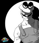  1boy cappy_(mario) commentary_request facial_hair haleileileilei hat hat_over_one_eye high_contrast highres jojo_pose living_clothes male_focus manly mario mario_(series) monochrome mustache overalls pose solo super_mario_odyssey 