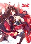  1girl absurdres aircraft airplane akagi_(azur_lane) animal_ears azur_lane bangs black_gloves black_kimono black_legwear blunt_bangs breasts brown_hair cleavage collarbone commentary_request eyebrows_behind_hair eyeliner eyeshadow finger_to_mouth fireball flight_deck fox_ears fox_tail gloves highres japanese_clothes kikuragetom kimono kneehighs lace lace-trimmed_kimono large_breasts lipstick long_hair looking_at_viewer makeup multiple_tails parted_lips partly_fingerless_gloves pleated_skirt print_kimono red_eyes red_skirt rudder_footwear shikigami shirt skirt solo standing standing_on_one_leg tail thighhighs white_background white_shirt wide_sleeves zettai_ryouiki 