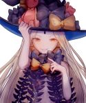  1girl abigail_williams_(fate/grand_order) bangs bare_shoulders black_bow blonde_hair bow commentary_request eyebrows_visible_through_hair fate/grand_order fate_(series) grin hair_bow hand_on_headwear hat hat_bow highres keyhole long_hair looking_at_viewer orange_bow parted_bangs red_eyes rise_(gero) simple_background smile solo stuffed_animal stuffed_toy teddy_bear white_background 