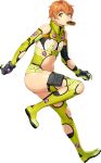  1girl bodysuit brown_eyes brown_hair doughnut food full_body gloves looking_at_viewer mouth_hold navel official_art short_hair solo super_robot_wars super_robot_wars_x-omega transparent_background watanabe_wataru 