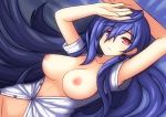  1girl bare_shoulders blue_hair blush breasts breasts_outside earrings eyebrows_visible_through_hair from_above hair_between_eyes highres iris_heart jewelry kami_jigen_game_neptune_v large_breasts long_hair lying neptune_(series) novus_rue on_back pink_eyes power_symbol solo symbol-shaped_pupils 