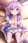  1girl absurdres blush bra breasts chair choker choujigen_game_neptune choujigen_game_neptune_mk2 classroom cleavage desk hair_ornament hands_on_own_chest highres indoors long_hair looking_at_viewer navel nepgear neptune_(series) on_floor open_clothes open_mouth open_shirt papion purple_eyes purple_hair school_uniform serafuku shirt sitting skirt solo striped striped_bra striped_legwear thighhighs underwear white_shirt white_skirt 