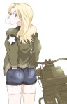  1girl blonde_hair blue_eyes blue_shorts brown_jacket bubble_blowing chewing_gum commentary cutoffs denim denim_shorts ei_(akinosakae) emblem from_behind girls_und_panzer ground_vehicle hair_intakes hands_in_pockets jacket kay_(girls_und_panzer) long_hair long_sleeves looking_at_viewer looking_back military military_uniform motor_vehicle motorcycle saunders_military_uniform short_shorts shorts simple_background solo standing star thighhighs uniform white_background white_legwear 