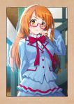  1girl adjusting_hair aria_gakuen_school_uniform blazer blue_jacket blue_skirt blush border bow brown_border brown_eyes character_name close-up commentary_request frown glasses highres indoors jacket kazuma_muramasa long_sleeves older orange_hair outside_border partial_commentary precure red-framed_eyewear red_bow school school_uniform semi-rimless_eyewear shirabe_ako skirt solo stairs suite_precure teenage tsundere under-rim_eyewear upper_body v-shaped_eyebrows 