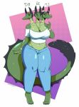  &lt;3 anthro big_breasts black_sclera blue_eyes blush bottomwear breasts clothing doremi ear_piercing ear_ring female green_eyes hi_res horn hydra jeans jewelry long_tongue midriff multi_head non-mammal_breasts pants piercing pink_eyes shinyillusionz tongue tongue_out wide_hips 