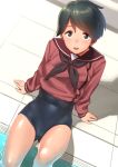  1girl bangs black_hair black_neckwear blush cameltoe eyebrows_visible_through_hair green_eyes kantai_collection long_sleeves looking_at_viewer mogami_(kantai_collection) one-piece_swimsuit open_mouth pool poolside red_neckwear sailor_collar school_uniform serafuku shiden_(sashimi_no_wife) short_hair sitting solo sweat swimsuit swimsuit_under_clothes 