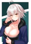 1girl ahoge bangs black_dress blue_coat blush breasts cleavage closed_mouth coat collarbone dress fate/grand_order fate_(series) fur-trimmed_coat fur_trim highres jeanne_d&#039;arc_(alter)_(fate) jeanne_d&#039;arc_(fate)_(all) kenjun large_breasts long_sleeves looking_at_viewer open_clothes open_coat short_hair silver_hair solo wicked_dragon_witch_ver._shinjuku_1999 yellow_eyes 