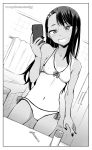  1girl asymmetrical_bangs bangs bow_bikini breasts cameltoe cellphone dark_skin dutch_angle ear_clip earrings female_pov fingernails ghettoyouth greyscale grin hair_ornament hairclip head_tilt highres holding holding_cellphone holding_phone ijiranaide_nagatoro-san jewelry long_fingernails mirror monochrome nagatoro nail_polish navel one-piece_tan phone pov razor self_shot small_breasts smartphone smile solo taking_picture tan tanline 