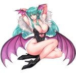  1girl ankle_boots arms_behind_head arms_up bangs black_footwear black_leotard boots breasts cleavage collarbone demon_girl elbow_gloves full_body gloves green_hair head_wings heart heart_cutout high_heel_boots high_heels large_breasts leotard long_hair low_wings morrigan_aensland no_legwear open_mouth shiny shiny_clothes shiny_hair shiny_skin shu-mai simple_background sitting solo succubus vampire_(game) white_background wings yellow_eyes 