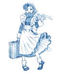  1girl apron bbb_(friskuser) black_lagoon bonnet fabiola_iglesias full_body gloves greyscale high_collar highres loose_socks maid maid_apron mary_janes monochrome open_mouth petticoat sash shoes short_hair sidelocks smile solo suitcase waving wind wind_lift 