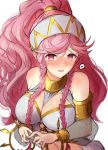  1girl blush braid breasts cleavage fire_emblem fire_emblem_awakening hairband heart highres ippers large_breasts long_hair olivia_(fire_emblem) open_mouth pink_hair ponytail simple_background solo spoken_heart twin_braids upper_body white_background 