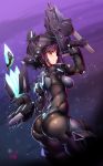  1girl alice_gear_aegis arm_up armor ass bangs black_bodysuit black_gloves blush bodysuit breasts brown_eyes closed_mouth commentary_request doyouwantto eyebrows_visible_through_hair floating_island from_behind gloves glowing gun headgear highres holding holding_gun holding_weapon large_breasts light_particles looking_at_viewer looking_back niiya_serina purple_background purple_hair short_hair shoulder_armor signature skin_tight smile solo trigger_discipline weapon 