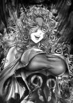 1girl bare_shoulders breasts detached_sleeves dress earrings glasses greyscale highres jewelry large_breasts lips long_hair messy_hair monochrome one-punch_man open_mouth psychos slender_waist snake_print solo taut_clothes taut_dress the_golden_smurf upper_body 