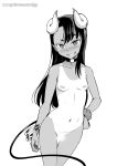  1girl alternate_costume asymmetrical_bangs bangle bangs blush bracelet breasts censored choker contrapposto demon_girl demon_horns demon_tail fingernails ghettoyouth grin hand_on_hip highres horns ijiranaide_nagatoro-san jewelry long_hair looking_at_viewer nagatoro navel nipples nose_blush nude one-piece_tan pointy_ears pussy raised_eyebrow scrunchie sharp_fingernails small_breasts smile solo tail tan tanline thigh_gap wrist_scrunchie 