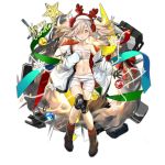  1girl :o bandages bangs bare_shoulders black_gloves boots brown_eyes christmas full_body girls_frontline gloves grey_hair hair hair_between_eyes hair_over_one_eye headwear hk21_(girls_frontline) hood hood_down jacket knee_pads long_hair long_sleeves looking_at_viewer merry_christmas navel official_art open_mouth shoelaces single_glove socks solo standing star stomach twintails white_jacket xiao_chichi 