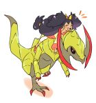  1girl ^_^ claws closed_eyes creature dragon full_body gen_5_pokemon haxorus highres iris_(pokemon) long_hair long_sleeves pokemon pokemon_(creature) pokemon_(game) pokemon_bw purple_hair riding riding_pokemon shoes simple_background tied_hair very_long_hair white_background 