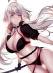  1girl absurdres ahoge bikini black_bikini black_choker black_gloves black_jacket blurry blurry_background breasts choker cleavage cropped_jacket dutch_angle fate/grand_order fate_(series) gloves highres jacket jeanne_d&#039;arc_(alter_swimsuit_berserker) jeanne_d&#039;arc_(fate)_(all) large_breasts long_hair navel o-ring o-ring_bikini o-ring_bottom o-ring_top shiny shiny_skin shrug_(clothing) silver_hair swimsuit user_zxtm8784 white_background 