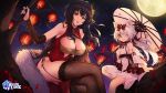  2girls animal_ears arm_warmers azur_lane bare_shoulders black_hair bow breasts brown_legwear cat_ears china_dress chinese_clothes cleavage commentary_request crossed_legs detached_sleeves dress feather_boa full_moon garter_straps hair_bow hair_ornament highres holding holding_umbrella lantern large_breasts long_hair looking_at_viewer medium_breasts meteor_shower moon multiple_girls nagu night night_sky official_art one_eye_closed oriental_umbrella paper_lantern parted_lips pelvic_curtain red_bow red_dress red_eyes sitting sky sleeveless sleeveless_dress smile star_(sky) starry_sky taihou_(azur_lane) taihou_(phoenix&#039;s_spring_song)_(azur_lane) thighhighs thighs tree umbrella very_long_hair watermark white_dress white_hair yukikaze_(azur_lane) yukikaze_(winter&#039;s_snowy_wind)_(azur_lane) 