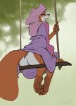  2020 4_toes 5_fingers anthro barefoot biped bottomless butt canid canine claws clothed clothing day detailed_background disney feet female fingers fox fur kalahari looking_back maid_marian mammal outside robin_hood_(disney) sitting solo swing toes 