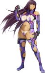  1girl amanomiya_ayame black_eyes black_hair bodysuit boots dark_skin full_body gloves holding holding_ribbon knee_cutout long_hair looking_at_viewer navel official_art purple_legwear ribbon serious solo standing super_robot_wars super_robot_wars_x-omega thigh_boots thighhighs transparent_background watanabe_wataru 