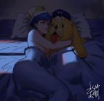  1girl astral_chain bed blue_hair breasts closed_eyes commentary_request haleileileilei hat highres hug lappy large_breasts marie_wentz mascot_costume naked_sheet night nightcap pillow short_hair sideboob sleeping solo 