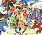  1boy 1girl breasts brown_hair creature duskull frown grey_eyes grin groudon haruka_(pokemon) illumise kyogre latias latios legendary_pokemon looking_at_viewer lotad lunatone mawile minun mizuto_(o96ap) mudkip one_eye_closed plusle pokemon pokemon_(creature) pokemon_(game) pokemon_oras primal_groudon primal_kyogre sableye seedot seviper shuppet small_breasts smile solrock torchic treecko volbeat white_headwear yellow_eyes yuuki_(pokemon) zangoose 