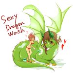 1:1 2015 bathing blush breasts brown_hair bucket claws clothed clothing dragon duo english_text female feral green_body green_horn green_tail green_wings hair hi_res horn human larger_feral mammal seirei simple_background size_difference smaller_female smaller_human text white_background wings yellow_claws 