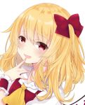  1girl :d ascot bangs blonde_hair blush bow commentary_request eyebrows_visible_through_hair fang flandre_scarlet frilled_shirt_collar frills hair_between_eyes hair_bow hand_up long_hair looking_at_viewer no_hat no_headwear open_mouth puffy_short_sleeves puffy_sleeves red_bow red_eyes shirt short_sleeves simple_background smile solo tosakaoil touhou upper_body white_background white_shirt wings wrist_cuffs yellow_neckwear 