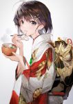  1girl ahoge bowl brown_hair carrot chopsticks commentary eating eyebrows_visible_through_hair food hair_intakes hair_ornament hairclip holding japanese_clothes kimono looking_at_viewer medium_hair mochi mushroom new_year original simple_background solo souji_hougu soup white_background zouni_soup 