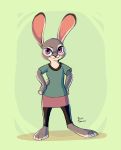  2019 absurd_res barefoot clothed clothing dipstick_ears disney eeviart fully_clothed fur green_background grey_body grey_fur hands_on_hips hi_res judy_hopps lagomorph leporid mammal multicolored_ears purple_eyes rabbit shirt simple_background smile standing t-shirt topwear zootopia 