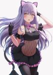  1girl :o absurdres animal_ears bang_dream! bangs black_gloves black_legwear black_skirt blush bow cat_ears cat_tail choker detached_sleeves fake_animal_ears frilled_skirt frilled_sleeves frills gloves hands_up highres lavender_hair long_hair looking_at_viewer mia_(fai1510) minato_yukina navel purple_bow purple_neckwear purple_ribbon ribbon ribbon_choker see-through short_sleeves silver_hair skirt solo tail tail_bow thighhighs yellow_eyes 