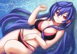  1girl bare_shoulders bikini blue_hair blush breasts earrings eyebrows_visible_through_hair from_above hair_between_eyes iris_heart jewelry kami_jigen_game_neptune_v large_breasts long_hair looking_at_viewer lying neptune_(series) novus_rue on_back partially_submerged pink_eyes power_symbol solo swimsuit symbol-shaped_pupils water 