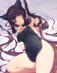  1girl bangs bare_shoulders black_dress blue_eyes blunt_bangs blush breasts china_dress chinese_clothes cleavage closed_mouth commentary_request covered_navel detached_sleeves dress eyebrows_visible_through_hair fate/grand_order fate_(series) finger_to_chin floral_print hair_ornament highres holding holding_hair large_breasts long_hair looking_at_viewer lying muryotaro on_side purple_hair revision sidelocks smile solo thighs twintails very_long_hair yang_guifei_(fate/grand_order) 