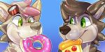  2020 ambiguous_gender animate_inanimate anthro canid canine canis cute_fangs doughnut duo ear_piercing eyewear food glistening glistening_body goggles green_eyes icon inflatable living_inflatable mammal piercing pizza pool_toy rindeadsong simple_background smile wolf 