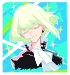  1boy androgynous black_jacket closed_eyes cravat crossdressing earrings green_hair happy jacket jewelry lio_fotia male_focus mugshot nekonomlcon nusumenaihxseki otoko_no_ko promare short_hair smile solo tusia 