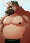  2020 anthro belly blush canid canine canis domestic_dog fenrirwolfen green_eyes hi_res male mammal moobs nipples overweight overweight_male scar solo tokyo_afterschool_summoners video_games yasuyori 