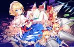  6+girls alice_margatroid artist_name bangs blonde_hair blue_dress blue_eyes blush book bow capelet dress eyebrows_visible_through_hair flower frilled_hairband frills hair_between_eyes hair_bow hairband hand_up holding holding_weapon lance lolita_hairband long_hair looking_at_viewer multiple_girls petticoat pink_flower polearm red_bow red_hairband red_sash sash shanghai_doll short_hair timins touhou twitter_username weapon white_capelet wrist_cuffs 